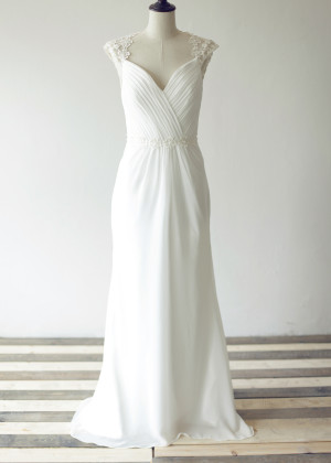 Floral Lace Pleated Chiffon Ivory Keyhole Back Wedding Dress